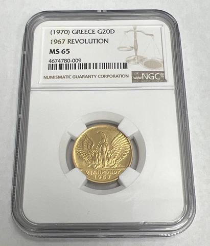 Greece Gold 20 Drachmai  1967 Revolution - NGC MS65 (1970) Cover