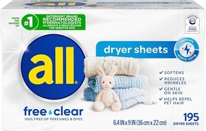 Fabric Softener Dryer Sheets for Sensitive Skin, Free Clear, 195 Count - Picture 1 of 8