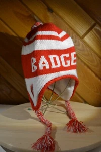 UW Madison Wisconsin Badgers 4 Tassel Winter Hat Ear Flap Beanie One Size WARM - Picture 1 of 12