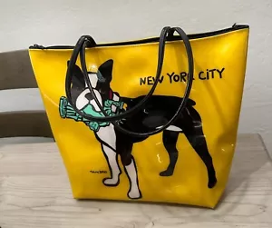 Marc Tetro New York City Boston Terrier Large Tote Bag Purse Yellow Vinyl - Picture 1 of 10