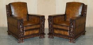 PAIR OF FULLY RESTORED ANTIQUE CLUB ARMCHAIRS WITH GOTHIC CARVED PANELS MUST SEE