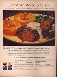 Anuncio impreso Quaker Avena 1958 cosecha luna cena receta para pan de carne melocotones calientes - Imagen 1 de 1