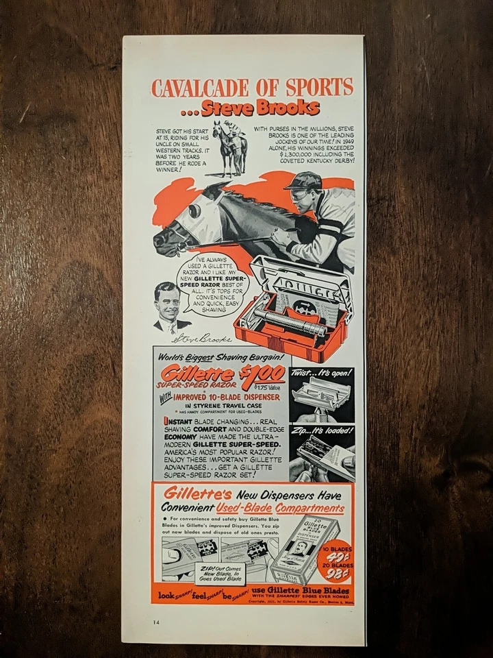 Anuncio impreso Gillette 1951. Steve Brooks Horse Jockey ganador del Derby de Kentucky  Foto 1 de 1