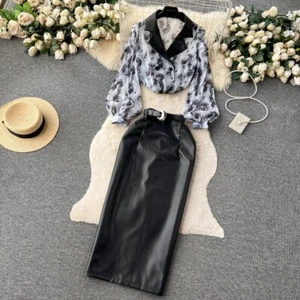 Eleganter Damen 2x Chiffon Shirt Rock Set hochtailliert PU Leder Rock Blumenmuster - Bild 1 von 24