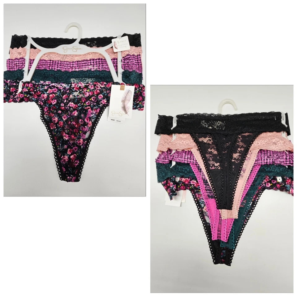 JESSICA SIMPSON 5 Pk Mujeres M L Tanga de Encaje Bragas Negro Vino Beige Rosa Estampados Foto 1 de 4