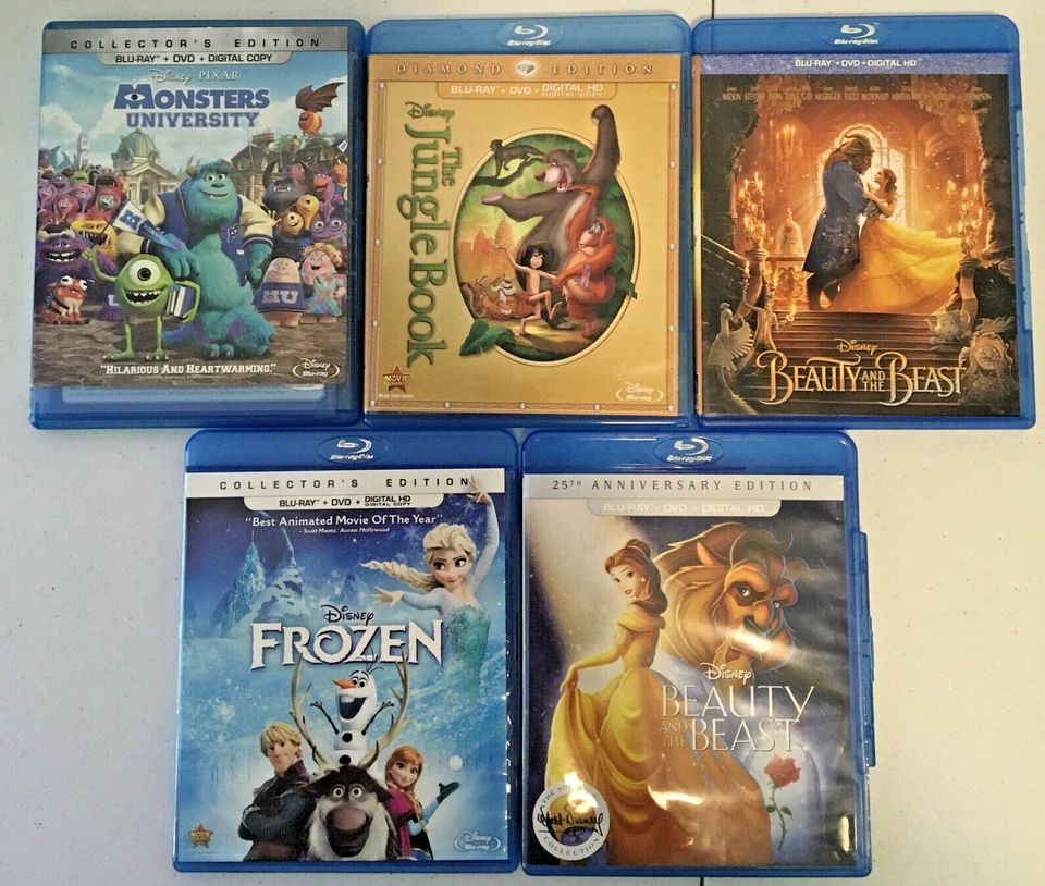 Blu-ray Disney Movie Lot 5 Frozen Beauty & Beast Jungle Book Monsters University Foto 1 de 3