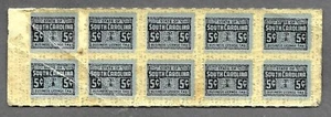 SOUTH CAROLINA 5 Cent Business License Tax REVENUE STAMPS Pane of 10 - Picture 1 of 2