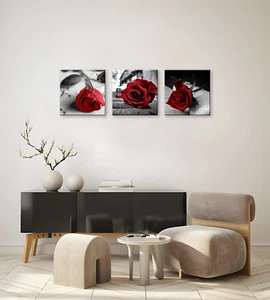 Red Rose Canvas Art Set - Black and White Floral Triptych for Home Decor - Picture 1 of 12