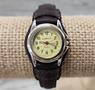 watch-it Quartz Round Yellow Dial Watch with Brown Leather Band - Needs Battery