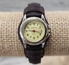 Watch-It Quartz Round Yellow Dial Watch With Brown Leather Band - Needs Battery