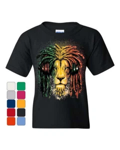 Rasta Lion with Headphones Youth T-Shirt Reggae Smoking Jamaica 420 - Picture 1 of 8
