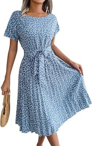 Dokuritu Women's Pleated Casual Dress Summer Short Sleeve Blue with White Floral - Picture 1 of 9