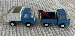 Grúa y camión volquete vintage de acero prensado azul hecho en Japón - Imagen 1 de 13