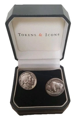 Medaillen & Symbole Paar Sterlingsilber 925 Büffelnickel Manschettenknöpfe neu in Box - Bild 1 von 3