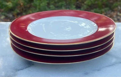 Crate and Barrel Red Band Salad Plate Gold Trim set of 4 Christmas Holiday - Image 1 of 4