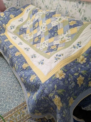 Laura Ashley Queen / King Size Blue Yellow Floral Cotton Patchwork Quilt & Shams - Image 1 of 4