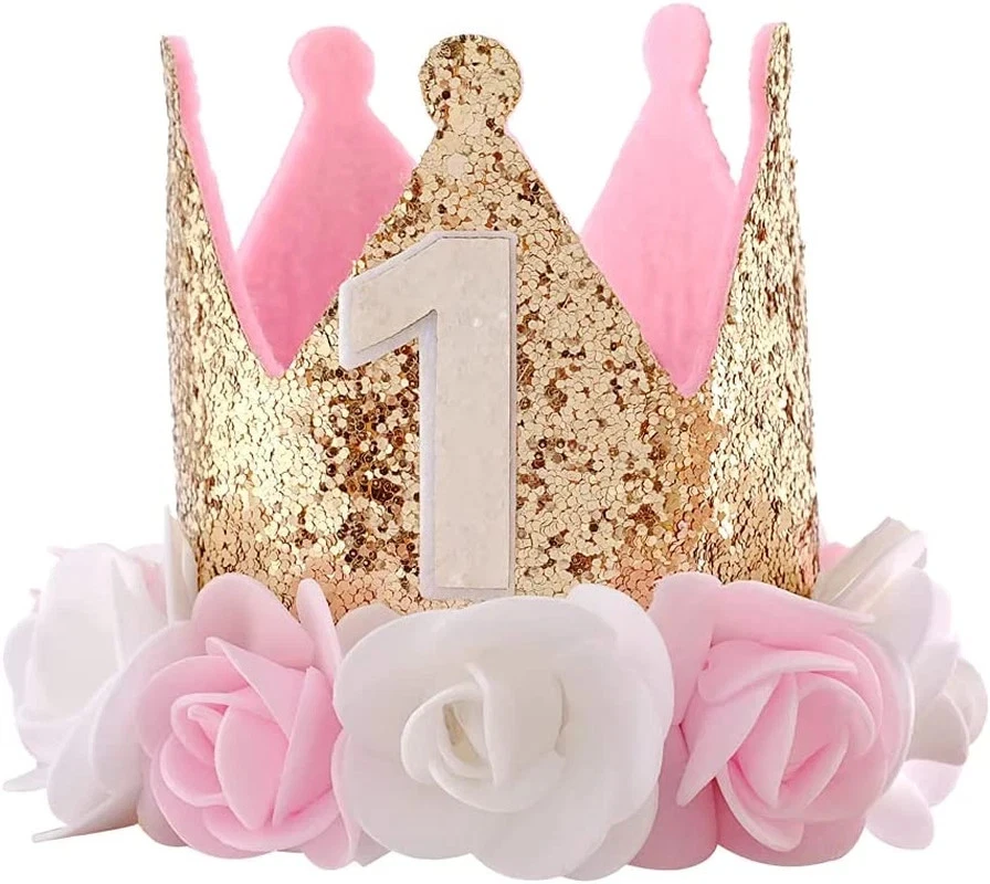 1er Sombrero Cumpleaños Niña Decoraciones Primero para Regalos Bebé Oro Rosa Corona Parte Foto 1 de 4