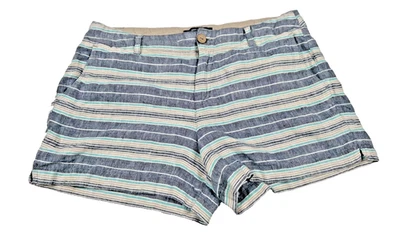 Shorts feminino cáqui britânico 100% linho tamanho 10 listrado azul casual conforto - Imagem 1 de 4