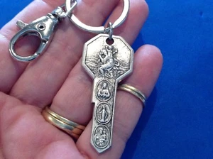 St CHRISTOPHER St ANTHONY 7-way Saint Medal KEYCHAIN Silver Tone Key to Heaven 2 - Picture 1 of 4