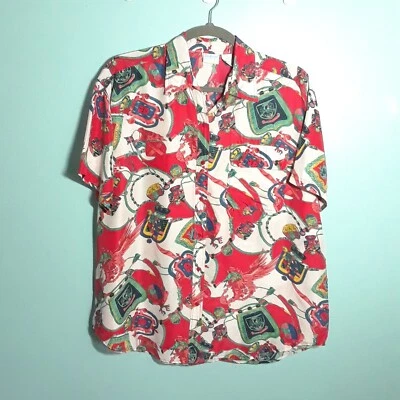 Blusa Top De Colección 100% Seda Novedad, Talla 2X, En muy buen estado Años 90 Rojo Blanco Cresta Familiar Real Foto 1 de 4