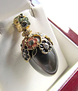 FAVOLOSO CIONDOLO UOVO RUSSO ARGENTO STERLING 925 E ORO 24K PERLA NERA - Foto 1 di 1