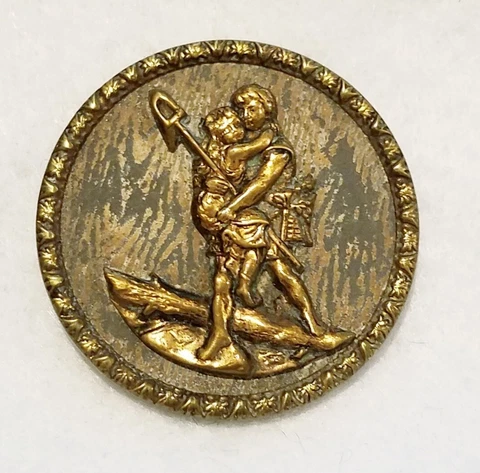 AWESOME LARGE SCARCE ANTIQUE BRASS/WOOD?  WITH St CHRISTOPHER BUTTON, 1-11/16" Cover