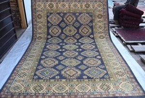 7x10 Hand Knotted Afghan Kazak Area Rug Blue Traditional Geometric Turkish Rug - Picture 1 of 10