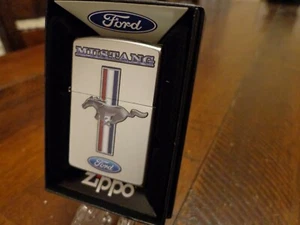 FORD MUSTANG LOGO SATIN CHROME ZIPPO LIGHTER MINT IN BOX - Picture 1 of 3