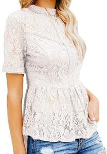 Tobrief Women's Short Sleeve Sexy Sheer Mesh Lace Blouse Peplum Top - L - Picture 1 of 1