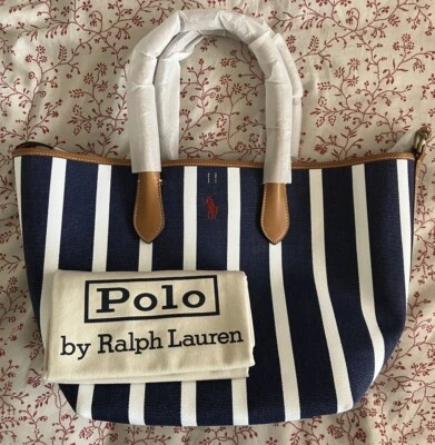 BNWOT Ralph Lauren Striped Canvas Medium Bellport Reversible Tote W Dust Bag New - Image 1 of 4