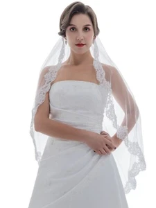 1 Layer Flower Scallop Embroidered Lace Bridal Wedding Veil - Picture 1 of 7