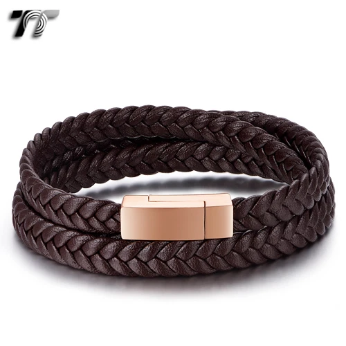 Pulsera TT Tri Fila Cuero Marrón 316L Acero Oro Rosa Imán Hebilla (BR211H) Foto 1 de 1