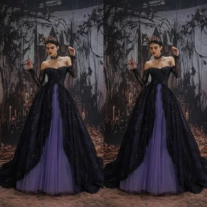 Black Purple Gothic Wedding Dresses Detachable Sleeves Glitter Bridal Gowns - Picture 1 of 9