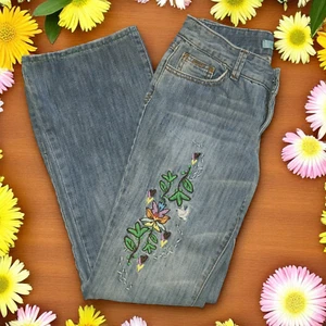 Vintage Billabong Peace Flare Jeans Embroidered Pockets Distressed Size 7 - Picture 1 of 8