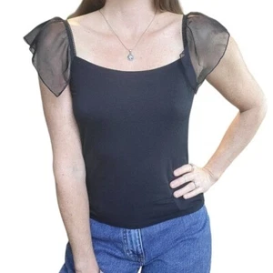 INC Womens Black Sheer Flutter Sleeve Whimsigoth Witchy Top Romantic Size Med - Picture 1 of 12