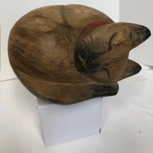 Carved SOLID WOOD CAT Siamese SLEEPING CURLED 7"X6"X4" THAILAND VTG MCM NOS - Picture 1 of 6