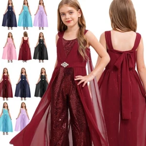 Kids Girls Shiny Sequins Jumpsuit Wide Leg Pants High Waist Wedding Romper - Picture 1 of 83