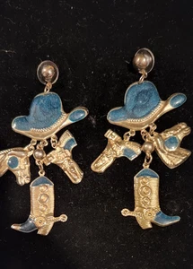 Vintage POST Earrings Western Style Dangle Cowboy Hat / Boots Pistol Horse 3” - Picture 1 of 11