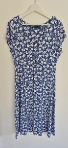 Crew Clothing Size 14 Blue Floral Jersey Tea Dress Ruched Bust Calf Length Comfy - Picture 1 of 10