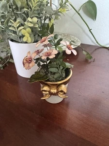 Ted Arnold Brass Metal Enamel Porcelain Pink Flower in Pot - Picture 1 of 3