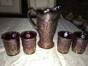 5pc IMPERIAL Glass RUBY Red CARNIVAL Metallic FIELD FLOWER Set PITCHER & TUMBLER - Picture 1 of 17