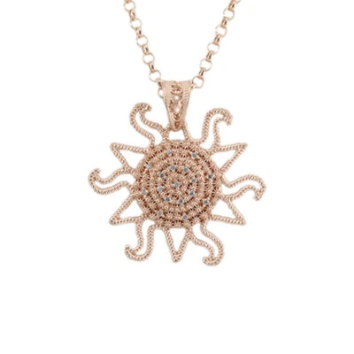 Collana filigrana sarda in argento PVD rosa pendente corbula sole con zirconi    - Immagine 1 di 2