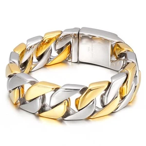 Men's High Polished Silver Gold Stainless Steel Large Cuban Link Chain Bracelet - Picture 1 of 4