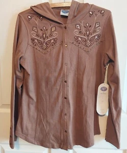 NUEVO CON ETIQUETAS DG2 (Diane Gilman) Sudadera con Capucha Marrón Medio con Bordados y Tachuelas Aspecto Occidental - Imagen 1 de 10
