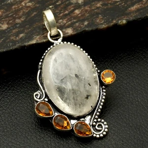 Black Rutile Honey Citrine Gemstone Handmade Pendant Jewelry Gift 2.4" AP-28529 - Picture 1 of 1