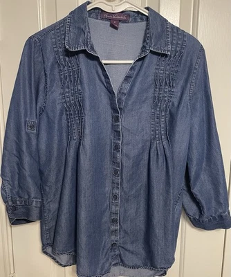 Gloria Vanderbilt Denim Style Blue Button-Up Roll Tab Sleeve Women's Meduim  - Image 1 of 4