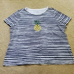TALBOTS Women's Shirt Plus 2X Blue White Striped Pineapple Embroidered Top - Picture 1 of 8