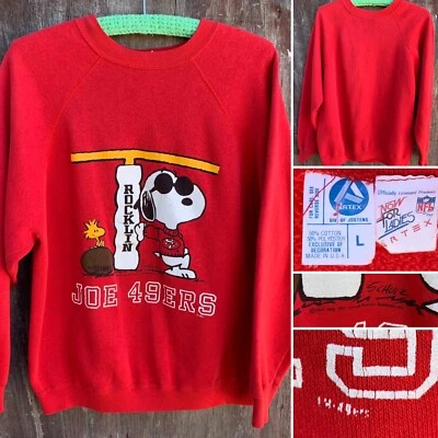 De colección Snoopy Woodstock Rocklin Joe 49ers Sudadera Raglán Peanuts Suéter Talla L Foto 1 de 4