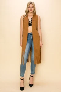 nwt VOCAL FAUX SUEDE MIDI VEST SM-XL western BOHO fringe WOODSTOCK hippie CAMEL - Picture 1 of 13