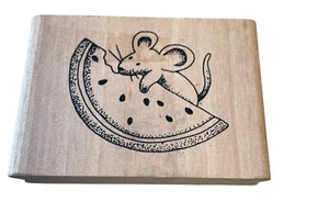 Mouse & Watermelon Rubber Stamp On Wooden Block - Picture 1 of 2